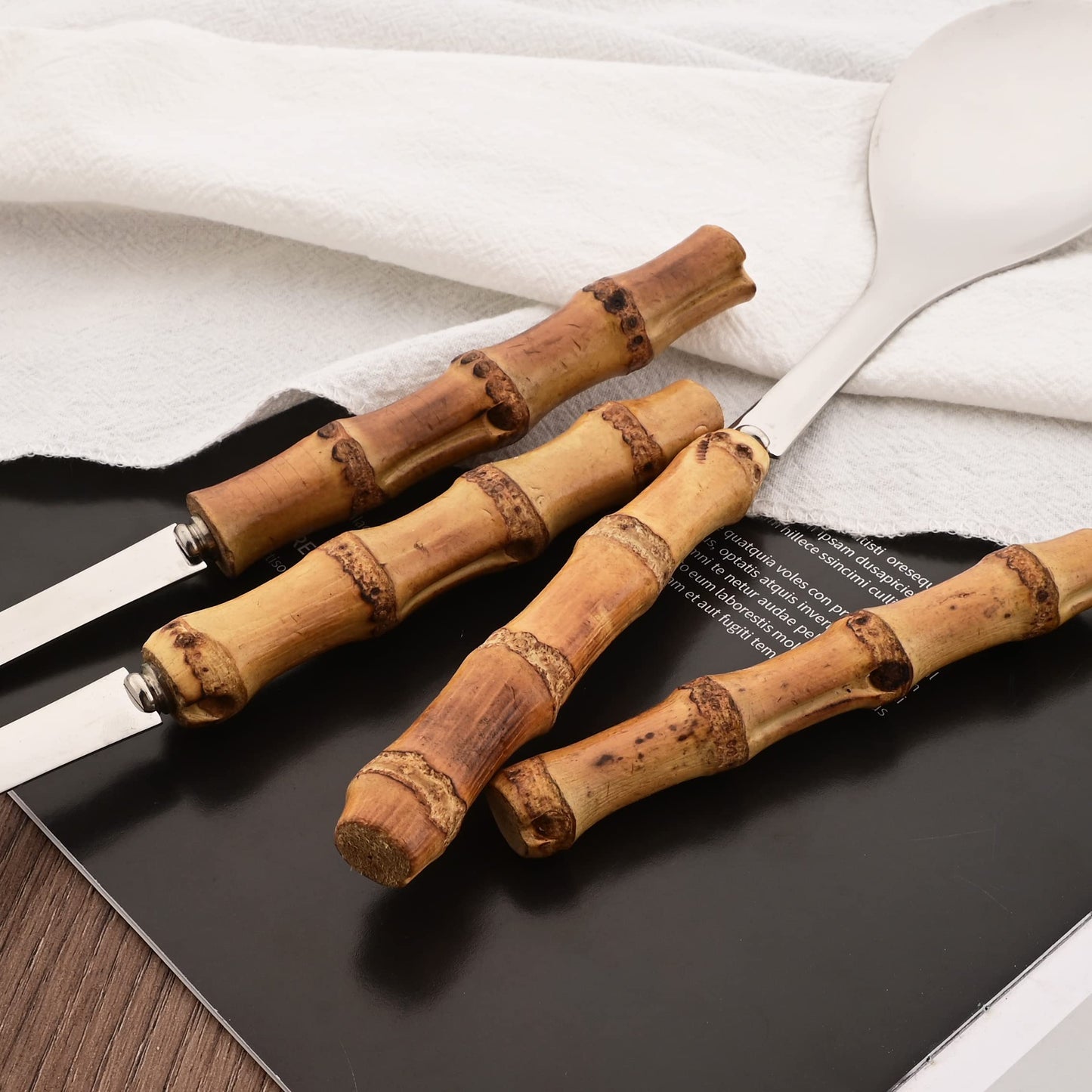 Natural Bamboo Handle Serving Spoons Set of 6, Large Size Stainless Steel Dinner Buffet Catering Banquet Serving Spoons, 10.0" Silver Big Ladle Tablespoons for Home, Family Serving Utensils