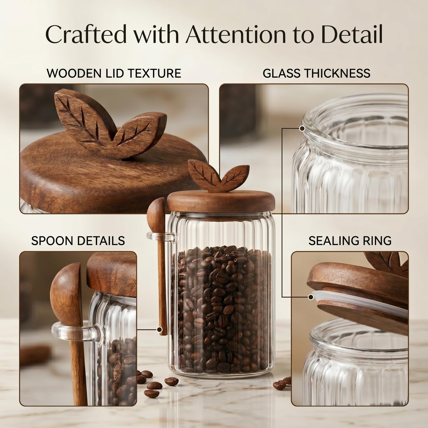 Splotiva Glass Coffee Canister with Wooden Lid & Spoon, Airtight Food Storage Jar for Coffee, Sugar, Salt, Tea & Snacks (17floz x 2)