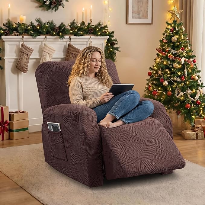 Oversized Recliner Chair Covers, 4-Piece Stretch Geometric Strokes Jacquard