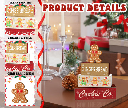 4 Pcs Gingerbread Christmas Decor, Cookie Co Table Decorations, Christmas Tiered Tray Desk Decor Gifts, Winter Wooden Xmas Stack Block Signs Table Centerpiece for Farmhouse Office -A15