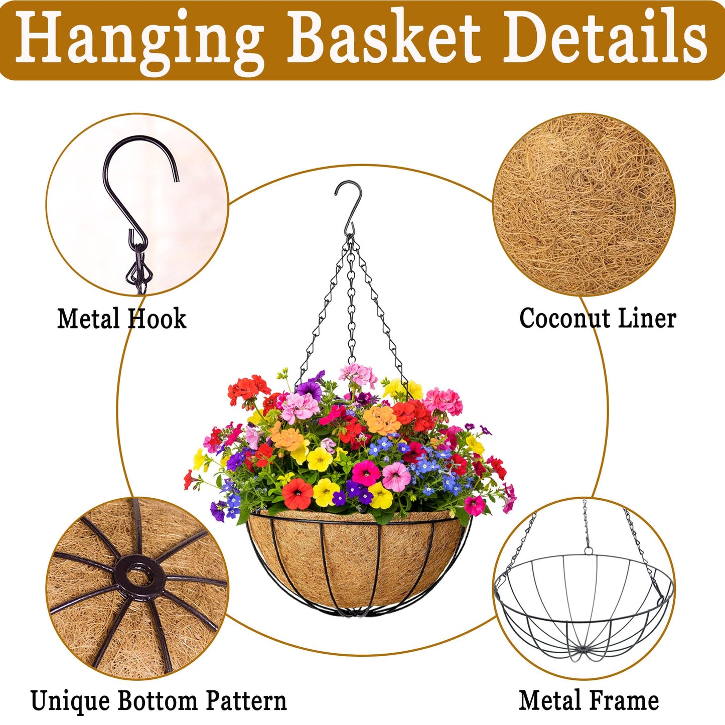 SMYAXUNW 4 Pack Hanging Planters 14 Inch Metal Hanging Planter Basket Flower Pots with Coco Coir Liners Round Wire Plant Holder with Chain for Indoor Outdoor Patio Porch Garden Decoration（XG）
