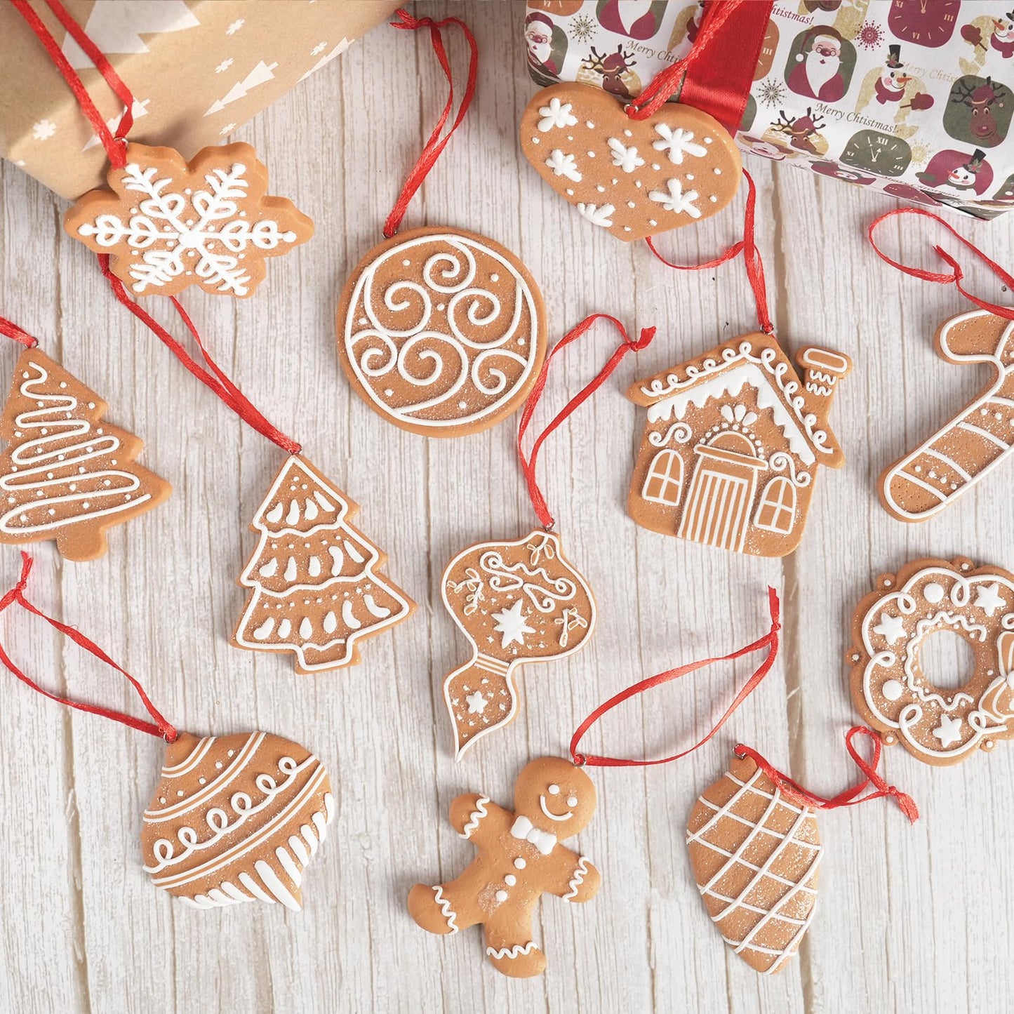 12 Pcs Gingerbread Cookie Ornaments, Funny Christmas Tree Cookie Decorations, Xmas Tree Snowflake Gingerbread Shaped Ornament for Xmas Winter Holiday Crafts Decor Indoor
