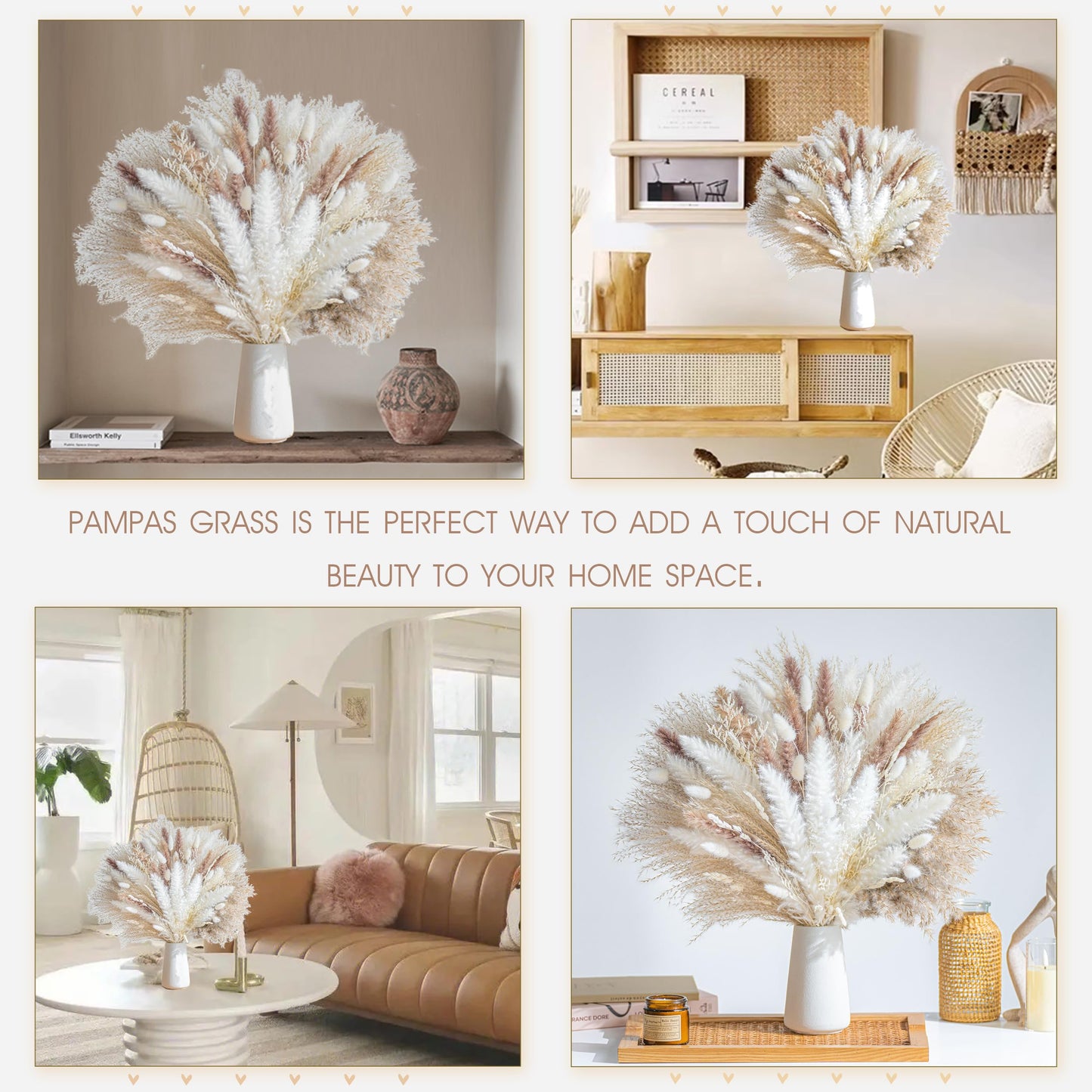 96PCS Natural Dried Pampas Grass Boho Home Decor Bouquet Phragmites Dried Flowers Bouquet for Wedding Floral Arrangements Living Room Decorations (96PCS)