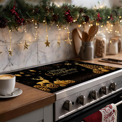 HOMETITUTE Christmas Stove Top Cover 28x20 Inch Glass Top Protector Silicone Cooktop Mat Heat Resistant Stovetop Cover Golden Deer Tree Holiday Kitchen Decoration