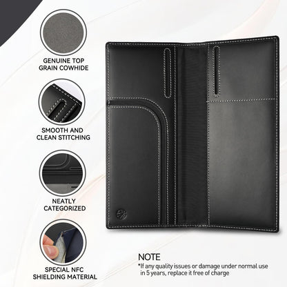 Travel Wallet Passport Holder RFID Blocking Genuine Leather Cover with Smart Tracker Slot RFID Passport Wallet for Family Use (Black)