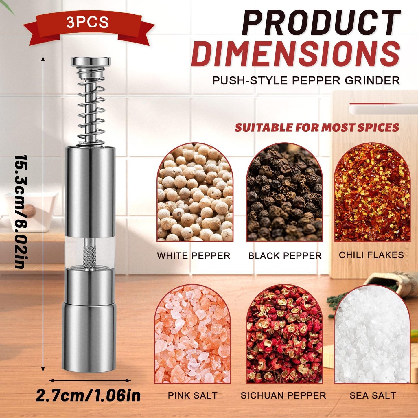 NEETUE 3PCS Stainless Steel Mini Pepper Grinder, Refillable Salt and Pepper Grinder Set with Push Button, Manual Peppercorn Grinding Tools for Sea Salt and Spice