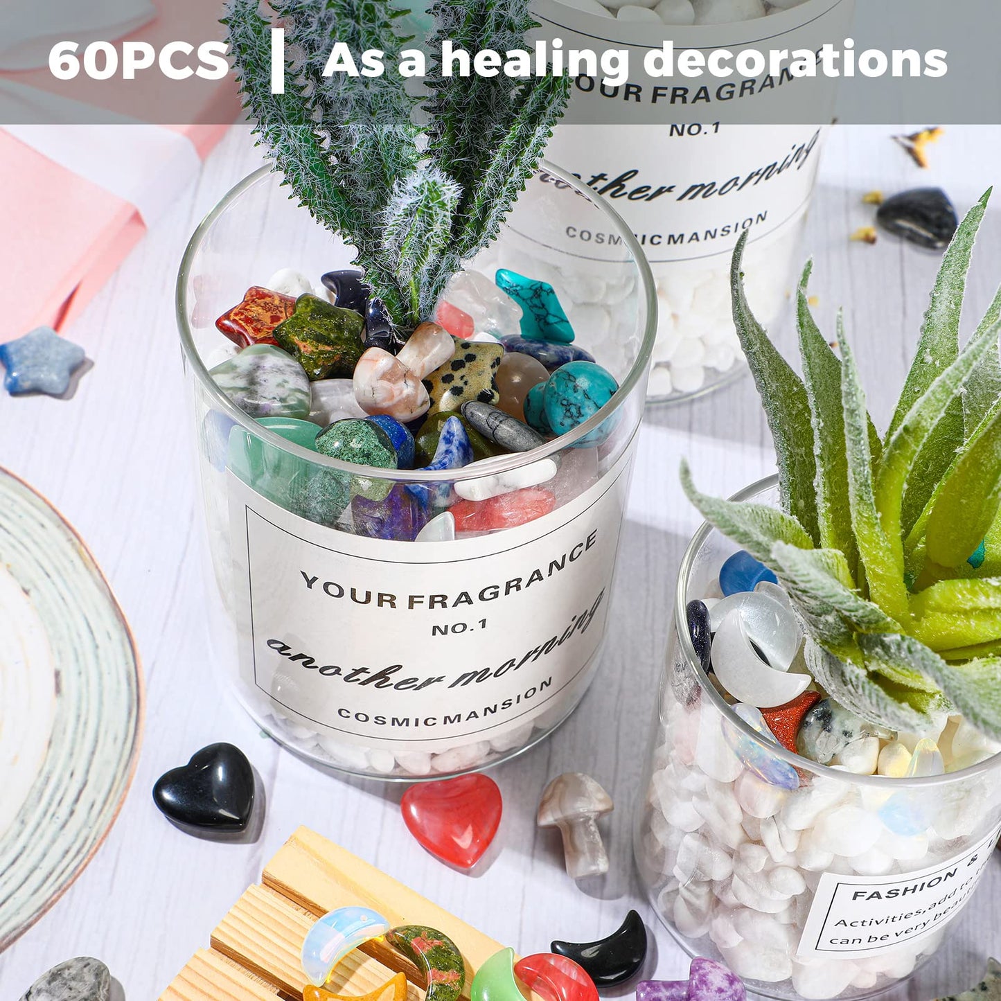 Nuenen 60 Pieces 20 * 20 * 6 mm Crystal Mushroom Sculpture Heart Shaped Moon Star Crystals Stones Bulks Worry Stones Assorted Hand Making Palm Thumb Gemstones for Witchcraft Meditation Reiki(Simple)