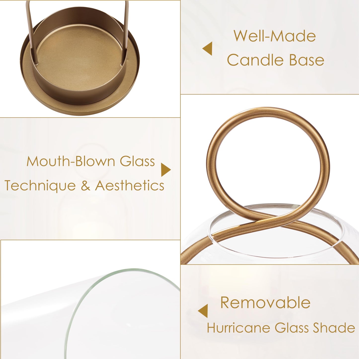 BUZFOWU Candle Holder Lanterns, Handcrafted Metal & Glass with Modern Aesthetic Design, Hurricane Pillar Candlestick Holders, Table or Hanging Decorations Set of 2, 5.1" & 4.4" Diameter, Gold