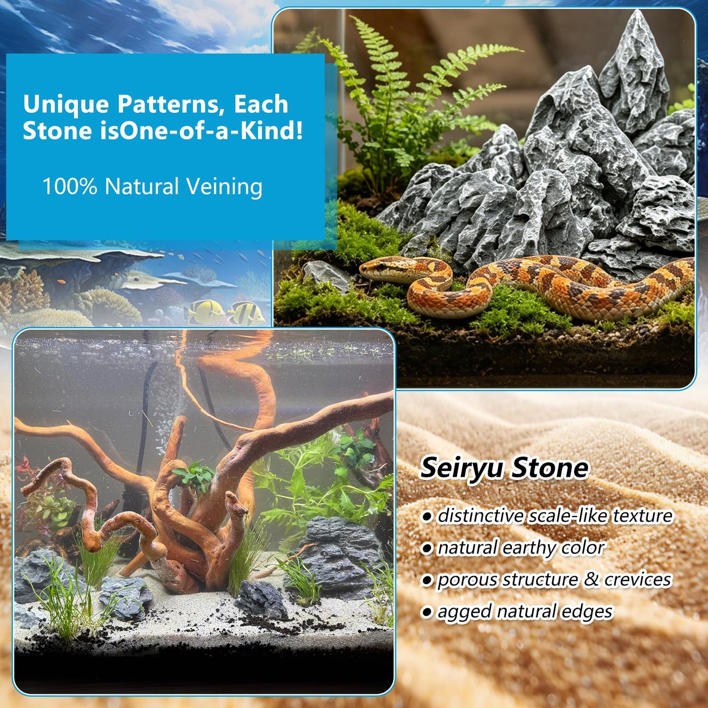 GDMYST 3 LB Aquarium Rocks Stones, 2-6 inches Natural Seiryu Stone, Fish Tank Decor Rocks for Fish Tank Landscaping, Bonsai, Gardens, Reptile Terrariums Paludarium Amphibian Enclosures Aquarium Decor