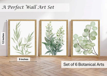 Induslyfe Framed Eucalyptus Sage Green Botanical Plant Wall Art Canvas Decor Set of 6, Leaves Wall Art Prints Posters Art, Eucalyptus decor Flower wall art for bathroom bedroom living room decor 9x12