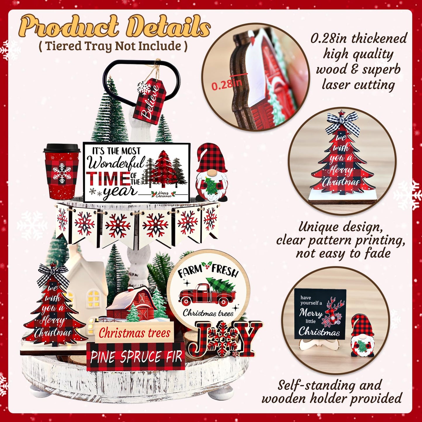20 Pcs Christmas Tiered Tray Decor - Christmas Decorations Indoor Table Centerpieces Red and Black Buffalo Plaid Tray Decor with Snowflake, Xmas Tree, Gnome Wooden Signs for Home Shelf Decor