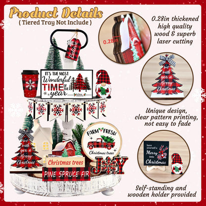 20 Pcs Christmas Tiered Tray Decor - Christmas Decorations Indoor Table Centerpieces Red and Black Buffalo Plaid Tray Decor with Snowflake, Xmas Tree, Gnome Wooden Signs for Home Shelf Decor