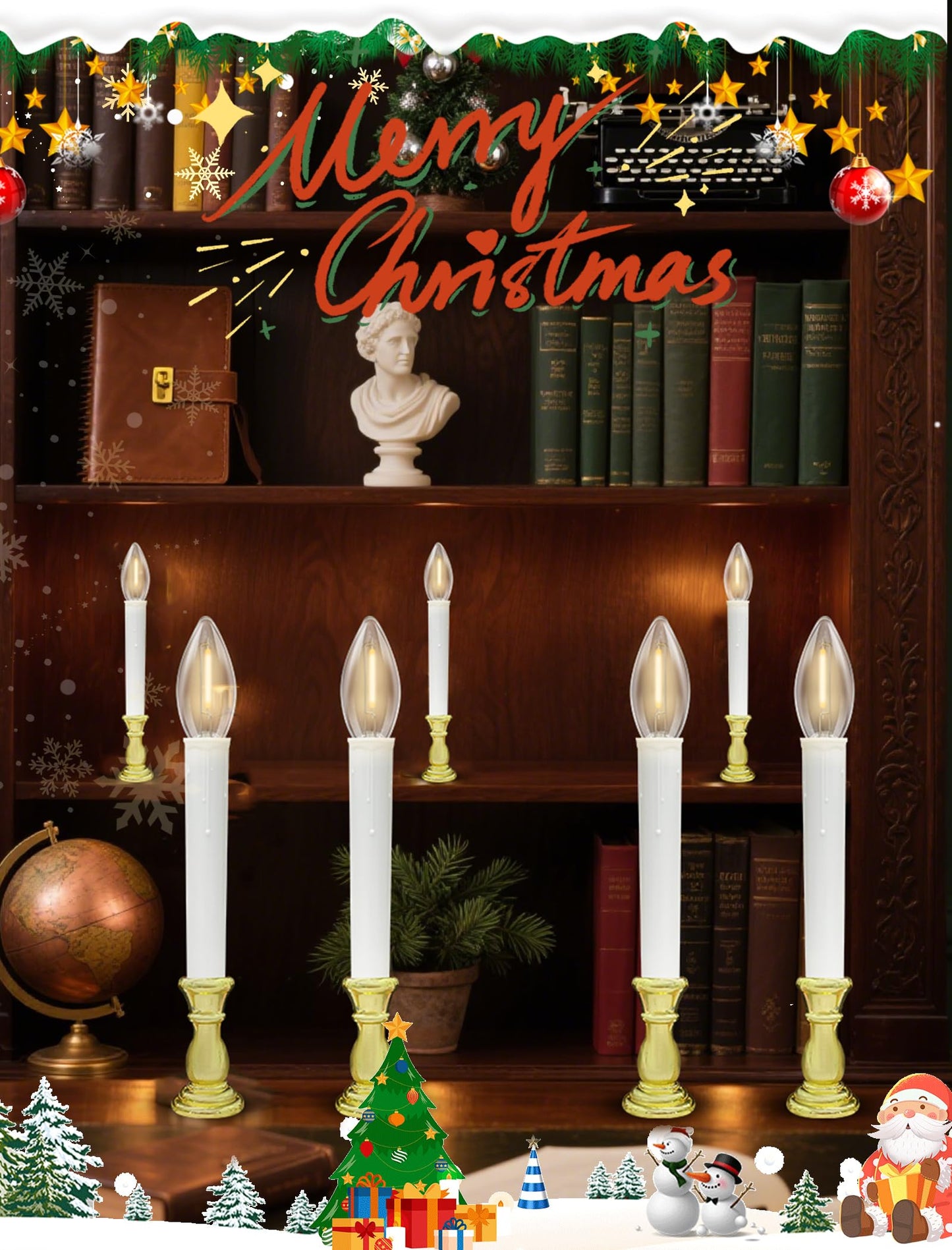 10 Pack Flameless Window Candles with Timer (6H/18H), Christmas Warm White LED Candlesticks, Gold Base & Suction Cups, Battery Operated Window Lights for Indoor Home, Wedding, Party & Holiday Décor