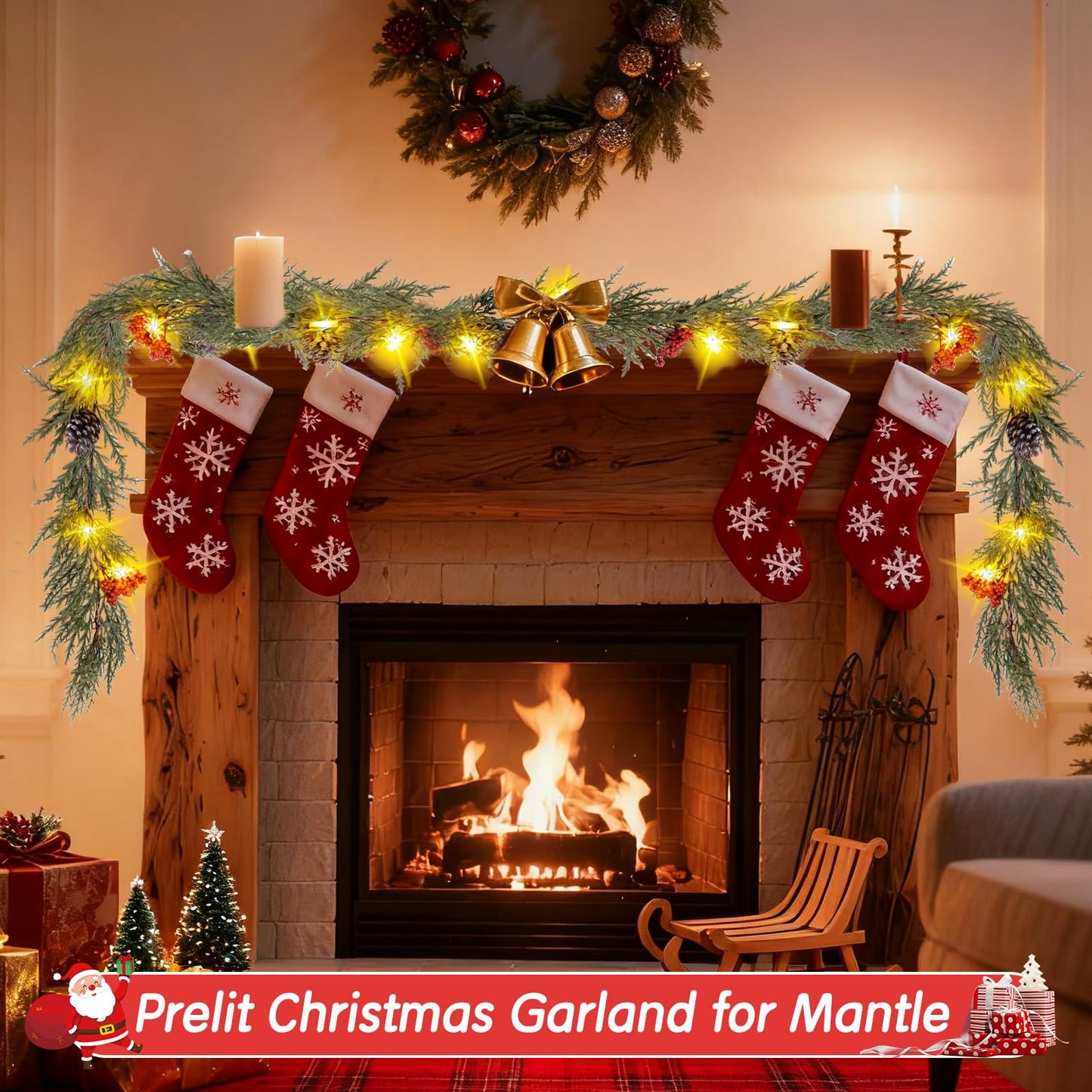 HUZIYAHAN Prelit Christmas Garland with Lights 6FT Christmas Tree Lighted Garland Outdoor Indoor Battery Operated Garland for Mantel Table Porch Stair Wall Winter Home Holiday Christmas Decorations