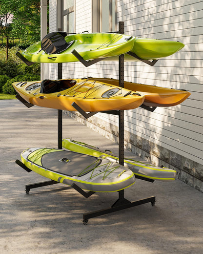ActiveTrail Freestanding Kayak Storage Rack for 6 Kayaks with Wheels, Heavy-Duty Steel Outdoor Kayak, Canoe & SUP Rack with Hanging Straps for Garage, Dock & Backyard