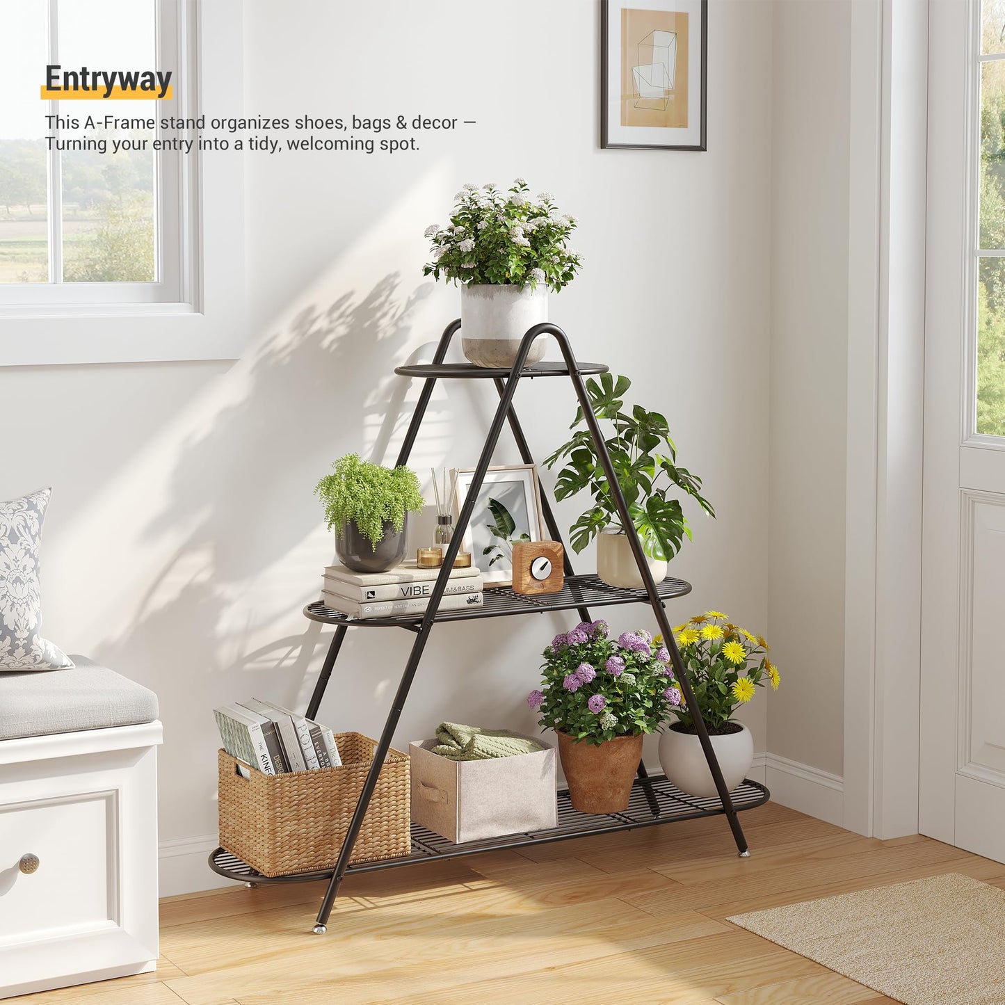 3-Tier Plant Stand Metal Plant Rack Shelf Heavy Duty Indoor Outdoor Shoe Shelf Rack for Multiple Flower Pots Multi-Purpose Storage Organizer for Living Room Patio Garden Entryway Balcony (Black)