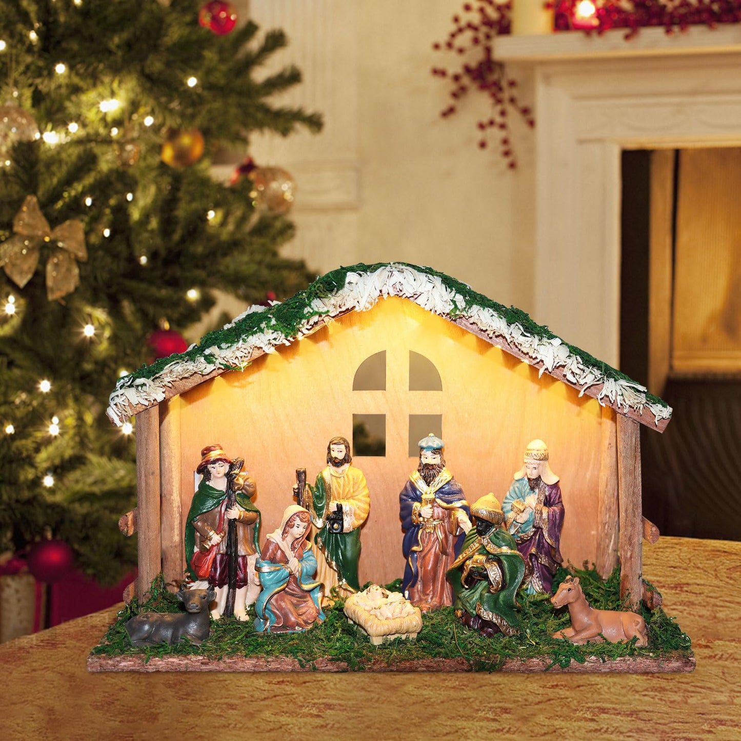 PALZIK Lighted Christmas Nativity Set, Nativity Sets for Indoor with Wooden Stable, Nativity Scene Set & Figures for Christmas Decorations Indoor Tabletop Decorations
