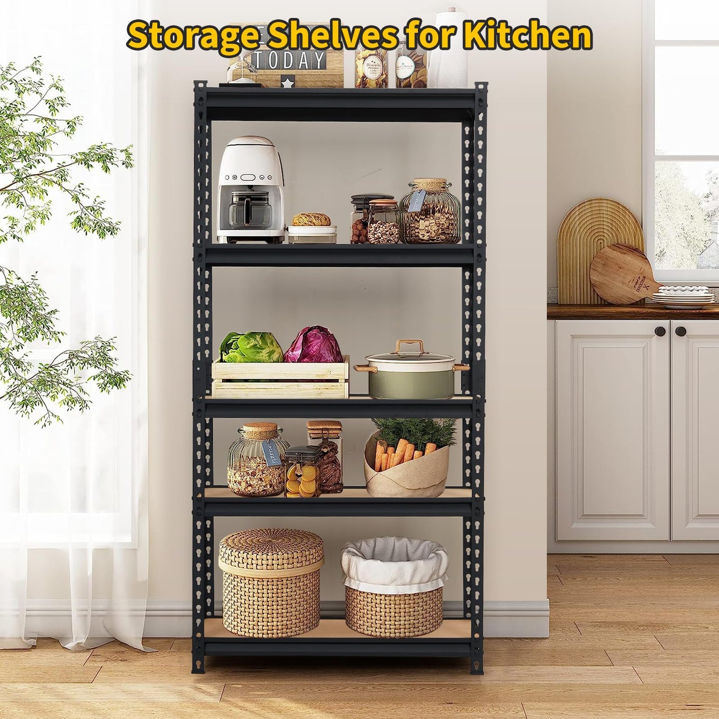 5-Tier Metal Adjustable Storage Shelving Unit, 2000 LBS Heavy-Duty Garage Shelve, 48'' x 24'' x 72'' Shelf Organizer for Garage, Kitchen, Bathroom Laundry, Closet (Black)
