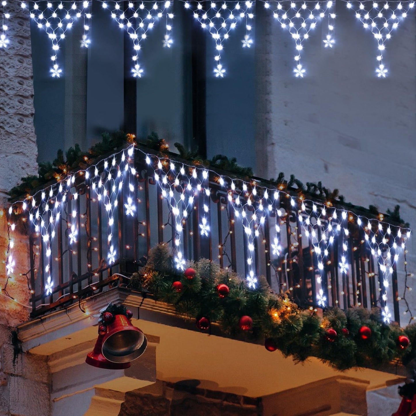 MUYUN Outdoor Christmas Decorations Lights 13.8ft 200 LED Christmas Lights with 12 Stars,Dimmable Curtain Fairy Light with 8 Modes for Wedding Party Holiday Christmas Decor(White)