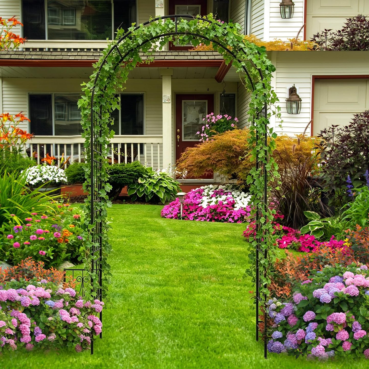 OUSHENG 8FT Metal Garden Arch Trellis with Planter Boxes for Climbing Plants Outdoor, Heavy-Duty Wedding Arch Backdrop Stand for Ceremony, Party, and Garden Decorations, Rust-Resistant Black Pergola