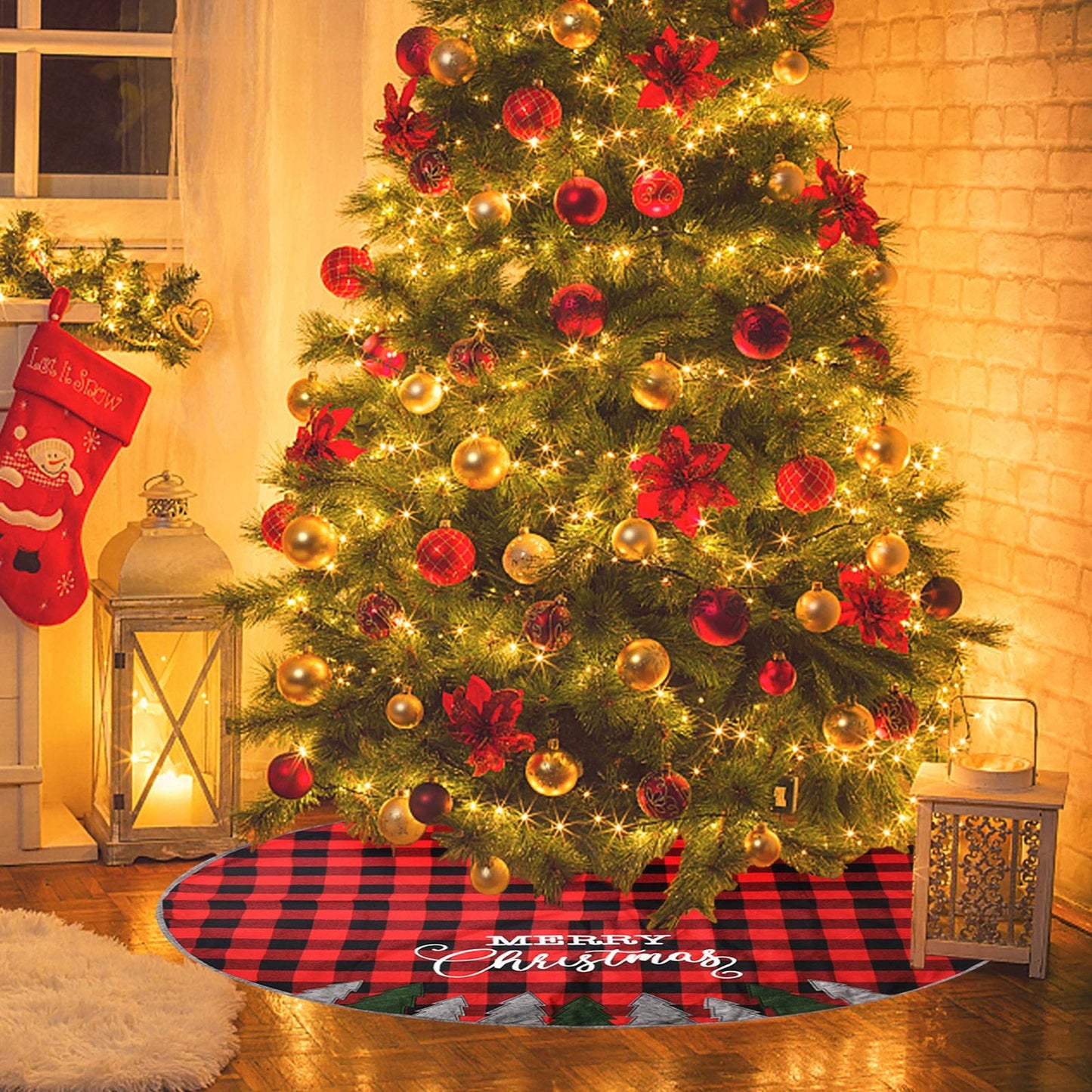 Juegoal 48 Inch Christmas Tree Skirt, Soft Red and Black Plaid Christmas Tree Mat for Xmas Party Decoration, Christmas Tree Holiday Decor