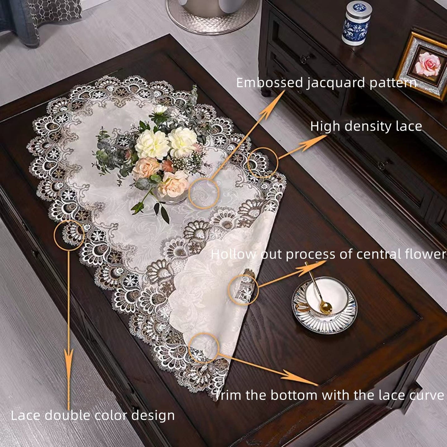 ZMNSZBDBeige Embroidered Lace Tablecloth Lace Coffee Table Cover Oval Hollow Fabric Tablecloth, Washing Machine, Dryer, Refrigerator Top Dust Cover (27.5''X51'')