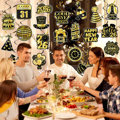 40Pcs Happy New Year Decorations Hanging Swirls, Black and Gold Happy New Year Hanging Swirls Ceiling Decor for New Year's Eve Party Decorations Supplies 2026