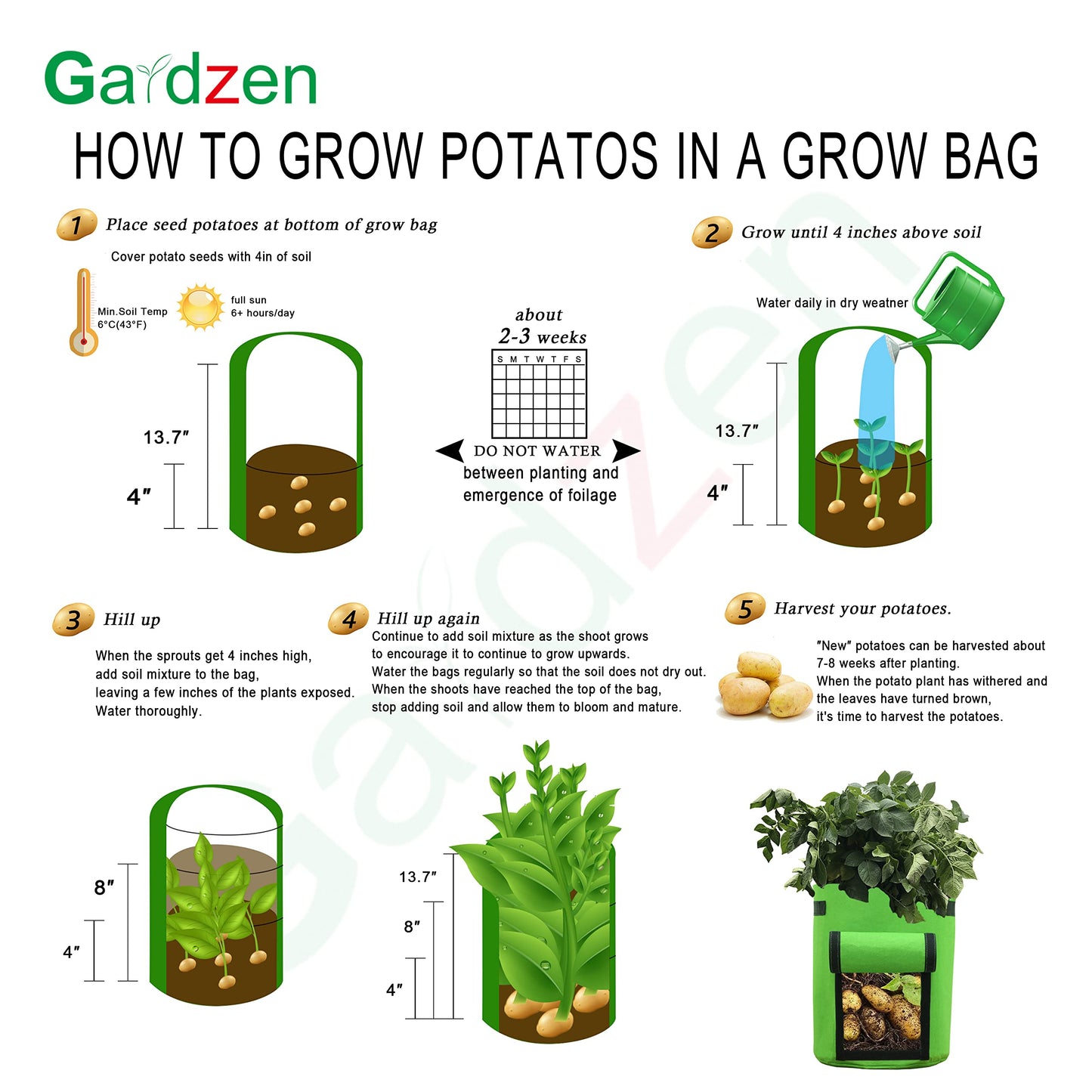 Gardzen 6 Pack BPA-Free 10 Gallon Vegetable Grow Bags with Access Flap and Handles, Suitable for Planting Potato, Taro, Beets, Carrots, Onions, Peanut
