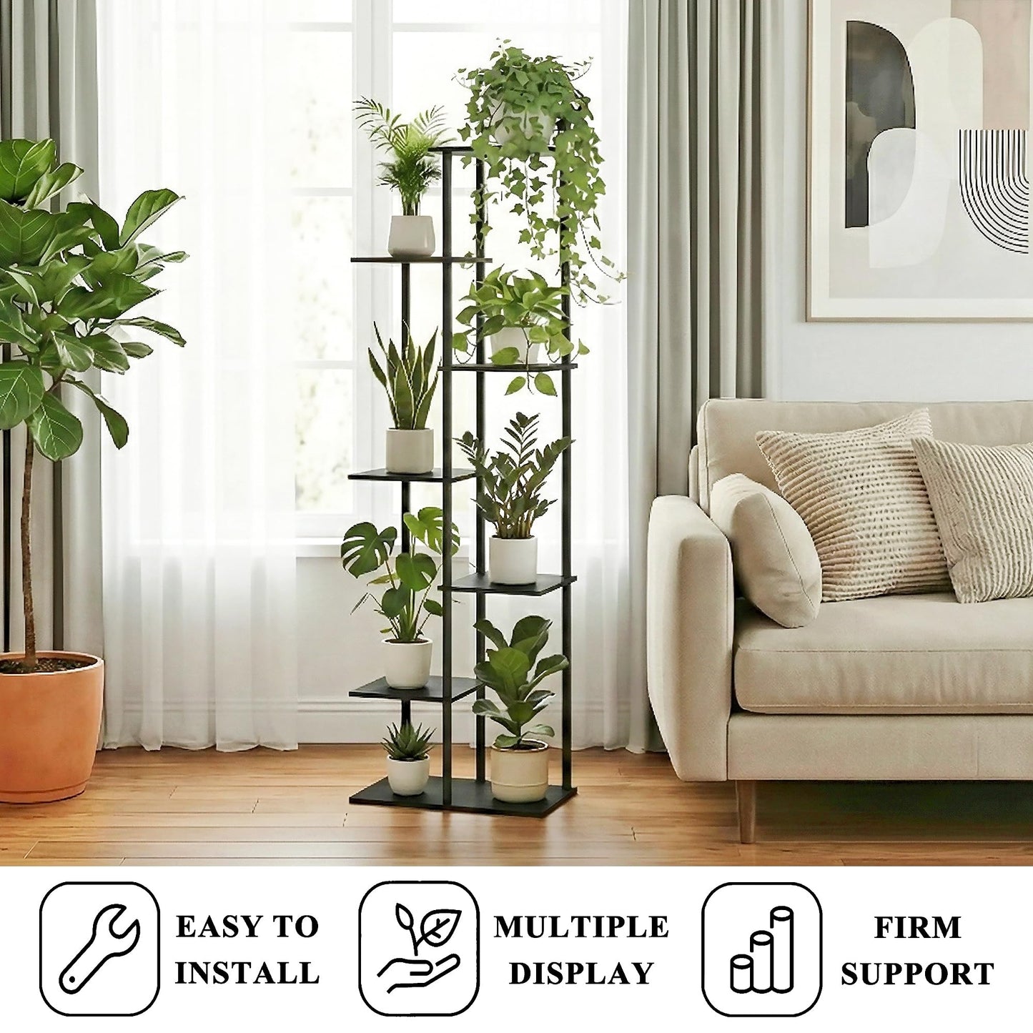 JEPRECO Plant Stand Indoor 7 Tier 8 Potted Metal Wood Plant Shelf, Multiple Flower Pots Corner Tall Plant Holder Stands for Living Room Balcony Bedroom, Black