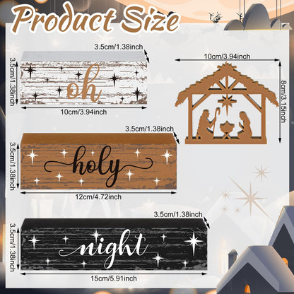 Geelin 4 Pieces Christmas Nativity Scene Table Decorations Xmas Wooden Silent Night Block Signs Holy Night Tabletop Centerpieces Farmhouse Tiered Tray Decor for Home Table Kitchen Shelf