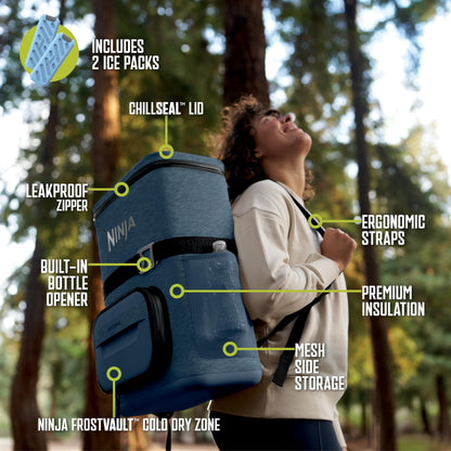 Ninja Backpack Cooler | FrostVault Go 24 Can Soft Cooler | Leakproof Zipper with Built in Can Opener, 2 Ice Packs & Dry Storage Drawer | for Hiking, Camping & More | Luminous Blue | FF124CY