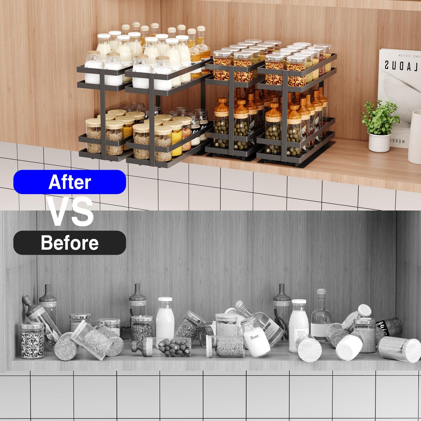 Mustorn 2 Pack Pull Out Spice Rack Organizer for Cabinet, 2 Tier Metal Slide Out Seasoning Organizer and Storage Heavy Duty Vertical Spice Rack Shelf Pullout for Kitchen Cabinets No Drilling (Black)