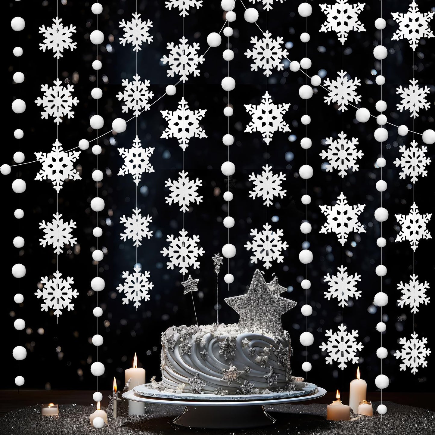 HunnmingRe 20 Pcs Snowflake Garland Winter Christmas Hanging Snowflake Decorations White Snowball Streamers Strings Xmas Wonderland Birthday Party Decorations