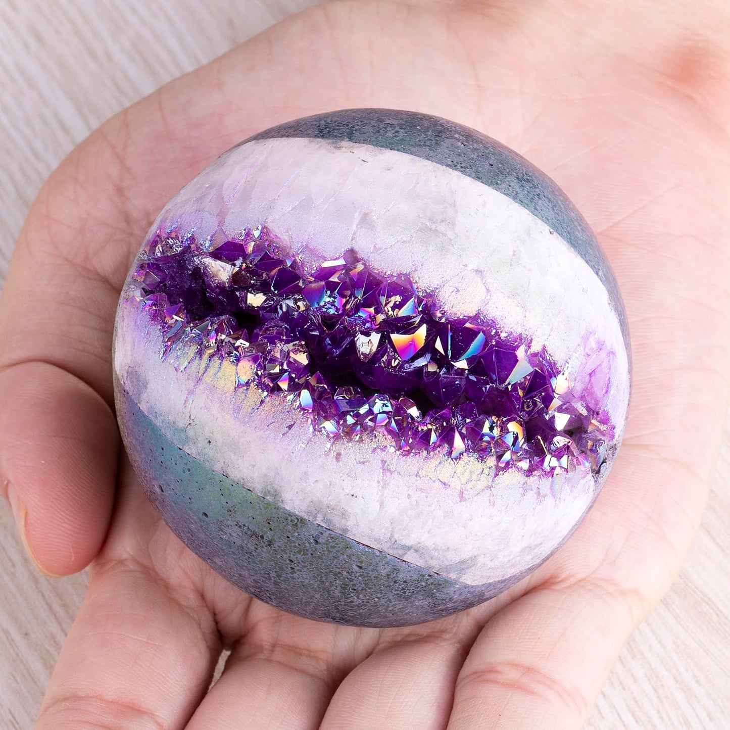 SUNYIK 61-70mm Purple Titanium Coated Quartz Geode Ball Sphere with Stand Crystal Opening Cornucopia Orb Ball Cluster Specimen Display for Decor Feng Shui Meditation