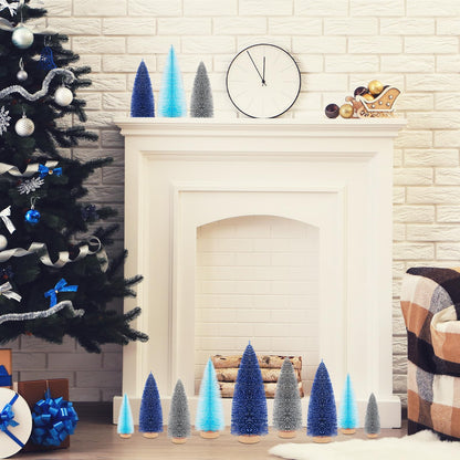 Leyndo 9 Pcs Blue Classic Artificial Mini Christmas Tree Sisal Bottle Brush Trees with Wood Base Christmas Pine Trees for Autumn Winter Holiday Home Kitchen Party Decor