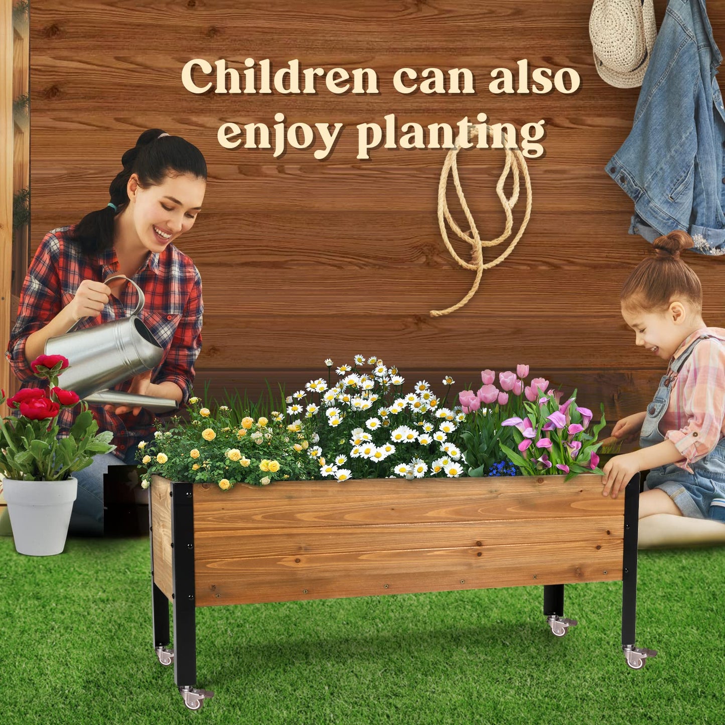 OIPRTGFJ Wood Rectangular Garden Planter Box with Wheel Raised Garden Bed Outdoor,Planters for Outdoor Plants 37 * 13 * 15 Elevated Planter Box for Herbs Vegetables Flowers Outdoor Patio Deck Balcony