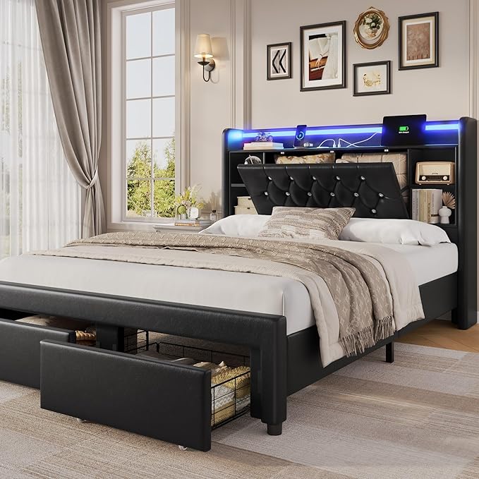 Queen Bed Frame with Drawers, Hidden-Cubby & Shelves Storage Headboard with