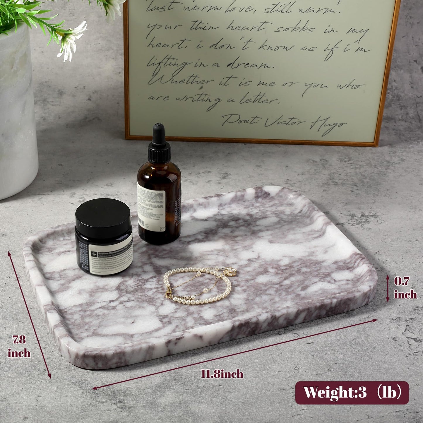 Karibiber Luxury Marble Vanity Tray, Bathroom Tray Countertop, Calacatta Marble/Stone, Home Decorative Dresser Organizer, Storage for Kitchen Sink, Perfume Jewelry Holder(Purple&White)