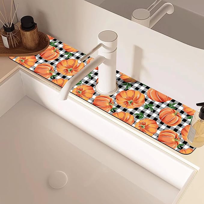Thanksgiving Pumpkin Kitchen Sink Splash Guard Mat Buffalo Plaid Absorbent Fast