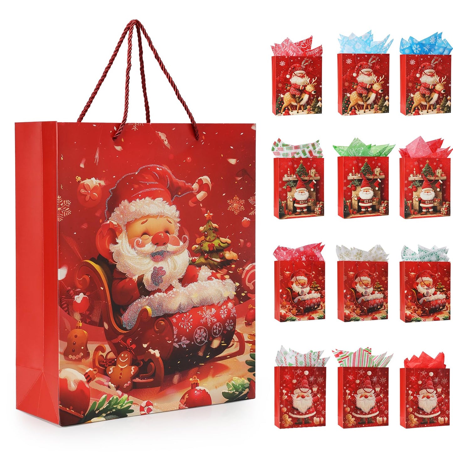 Rusikia 12 Christmas Gift Bags with 12 Tissues Paper 1 Satin Ribbon - Small