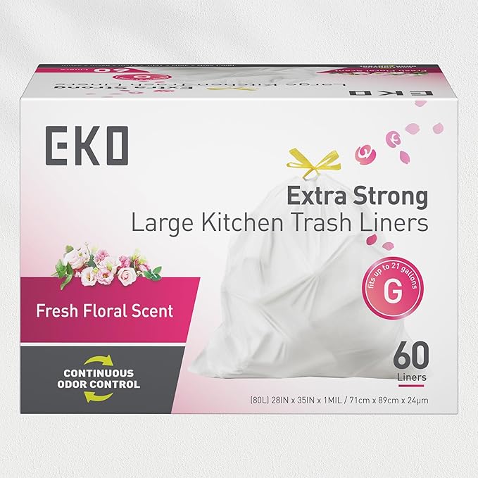 EKO 21 Gallon / 50-90 Liter, Extra-Strong Garbage Bags, Fresh Floral Scent