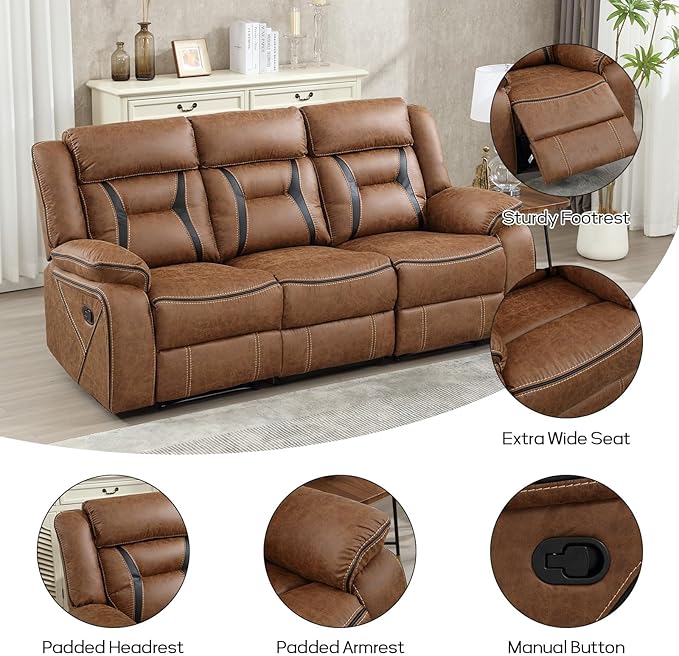 EBELLO Manual Recliner Sofa Set, Faux Leather Reclining Living Room Furniture