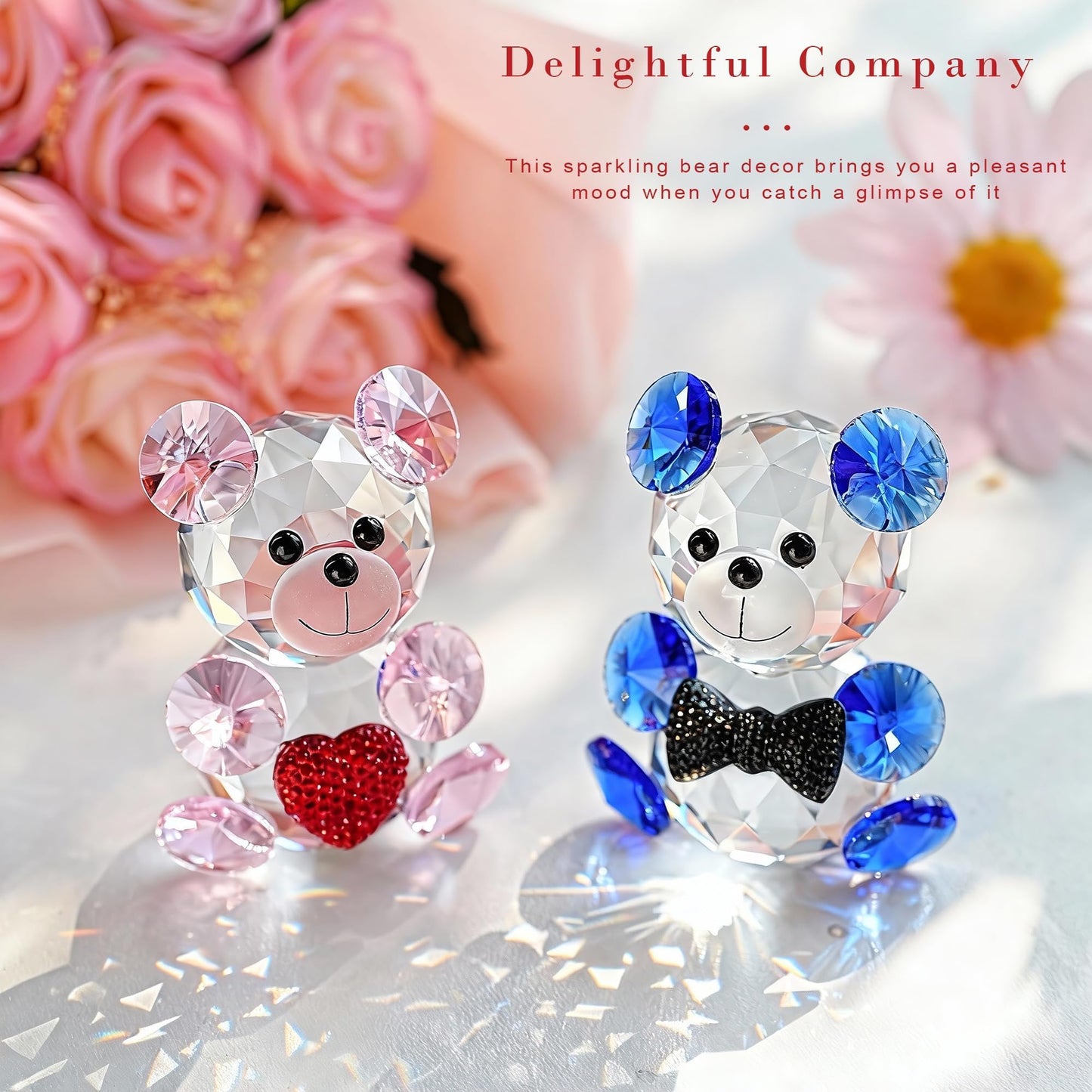 HDCRYSTALGIFTS 2pcs Crystal Bear Figurine Collectibles Gift for Mom Women 2.4inch Art Glass Teddy Bear Animals Paperweight Statue Anniversary Birthday Home Tabletop Wedding Party Decor