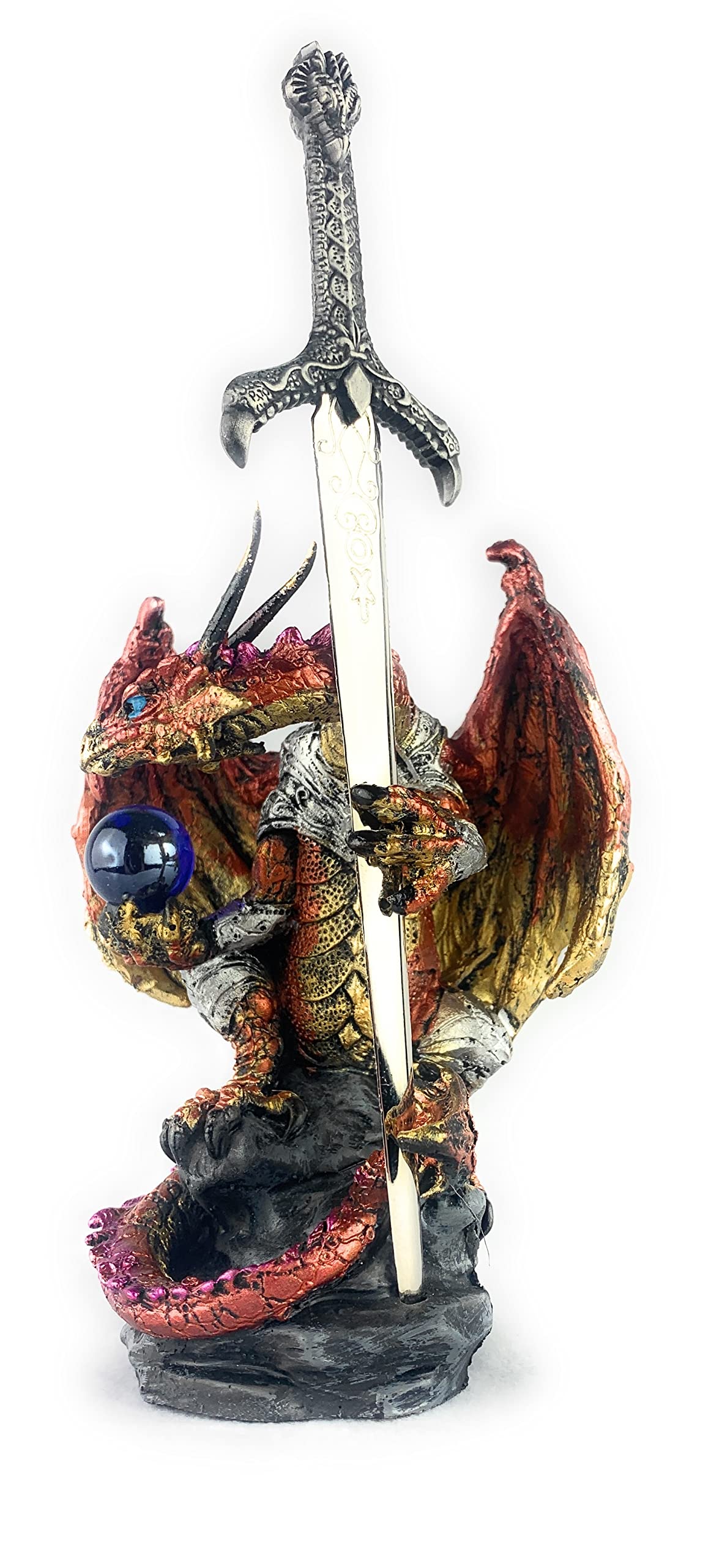 Ain't It Nice Dragon Statue with Medieval Sword and Crystal Ball - Collectible Dragon Figurine, Red - 4(L) 3.5(W) 7(H) inches