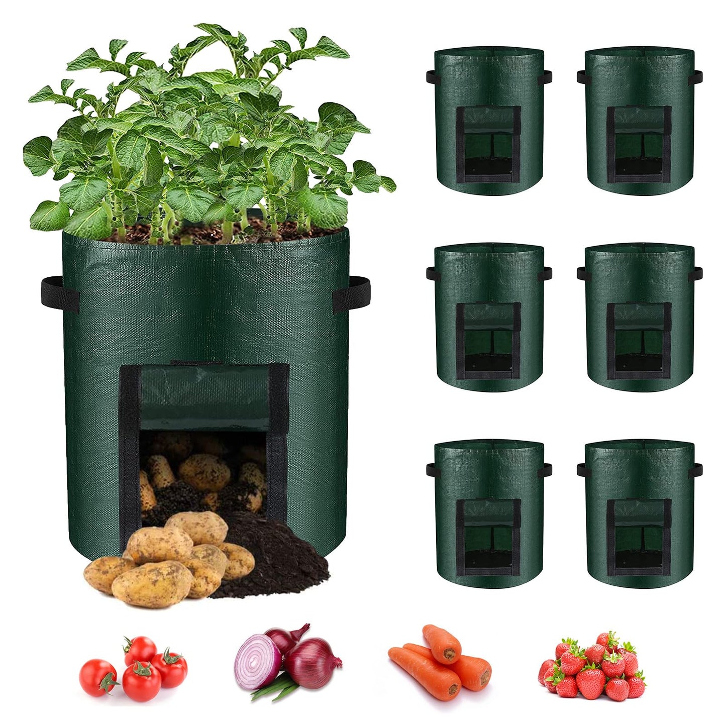 LITLANDSTAR 6 Pack Potato Grow Bags, 15 Gallon Grow Bags Garden Planting Bags with Flap Windows and Handles, Vegetable Grow Bags for Potato, Onion, Tomato, Carrot (Dark Green)