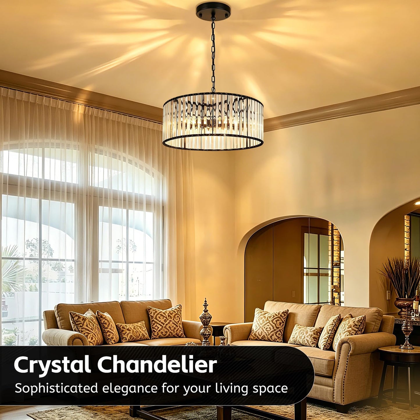 KRETAELY 17.7" Black Crystal Chandelier, 6-Light Crystal Chandeliers for Dining Room with Adjustable Height, Farmhouse Dining Room Light Fixture for Dining Room, Living Room, Bedroom, Entryway