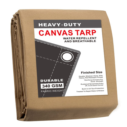CARTMAN Finished Size 12x20 Feet Tan Canvas Tarp with Rustproof Grommets, 12 Oz Heavy Duty Multipurpose Tarpaulin Cover for Canopy Tent, Roof, Camping, Woodpile