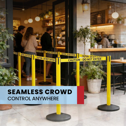 Crowd Control Warehouse Set of 2 Stanchion Retractable Belt Barriers, 11 Foot 'Caution Do Not Enter' Belt Barrier with 40” Yellow Posts, Barriers with Heavy Duty Concrete Base, CCW Series RBB-100