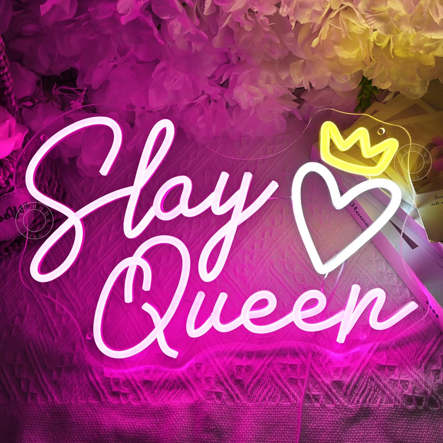 SYLHOME Slay Queen Led Neon Light Sign Heart Crown Bedroom Girls Game Room Cool Wall Sign Decor Teen Kids Birthday Party Decor 15.75" X 10.24" USB Dimmer