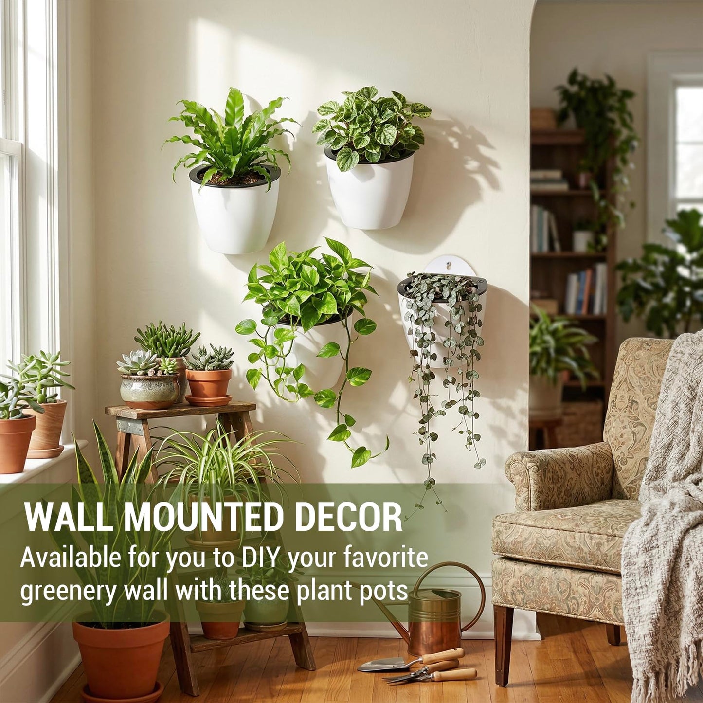 MyGift 7.5 Inch Wall Planters for Indoor Plants, White Plastic Hanging Self Watering Plant Pots, Flower Cactus Herbs Plant Container Wall Planter Set of 4